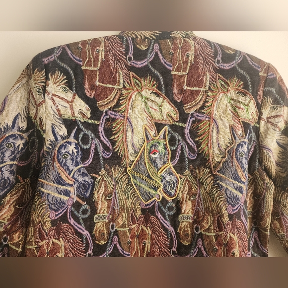 Vintage 90s Daniel K Embroidered Tapestry Horse Head Print Woven Blazer Jacket S - Picture 11 of 13